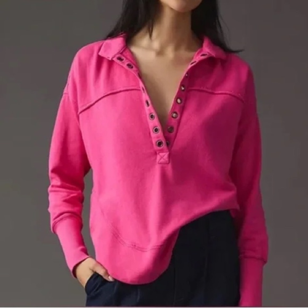 Anthropologie Pilcro Spliced Henley Top Hot Pink Pullover Sweatshirt